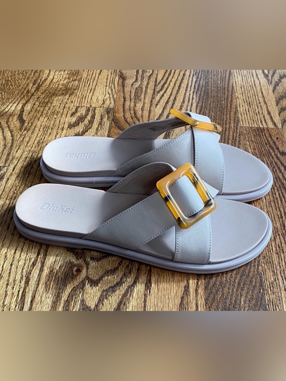 OluKai Taupe Slip-On Sandals with Amber Buckle